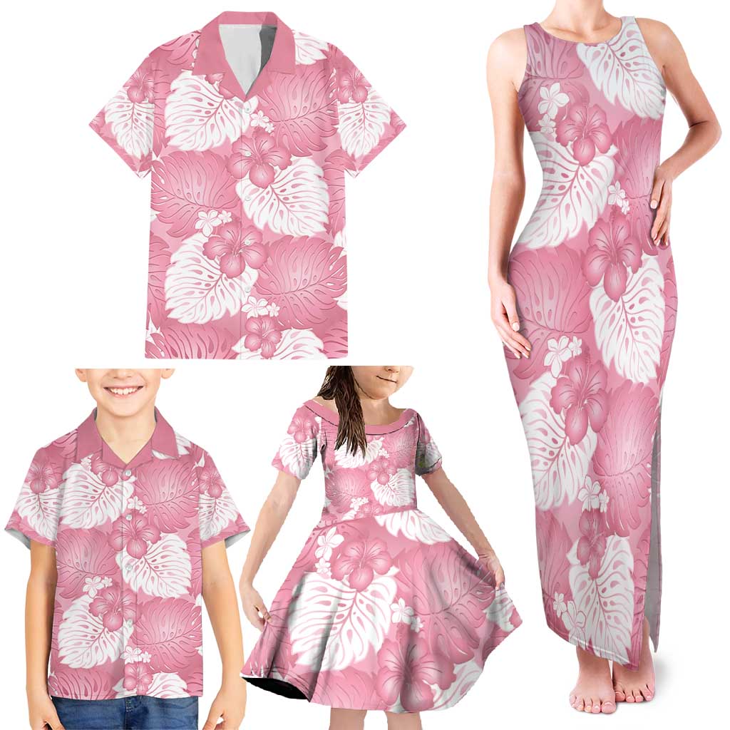 Pink Aloha Hawaii Family Matching Tank Maxi Dress and Hawaiian Shirt Monstera Hibiscus Plumeria Seamless Vibes - Polynesian Pride
