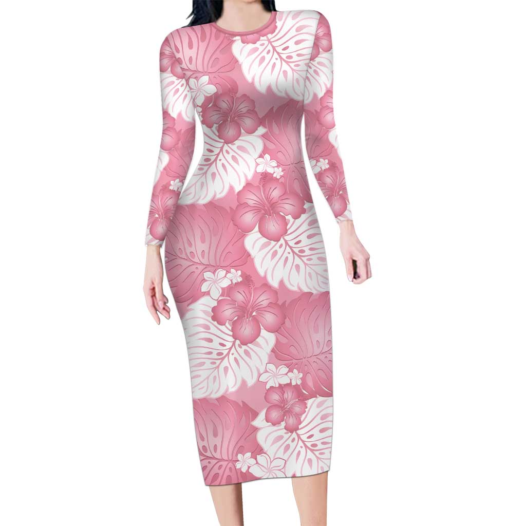 Pink Aloha Hawaii Long Sleeve Bodycon Dress Monstera Hibiscus Plumeria Seamless Vibes - Polynesian Pride