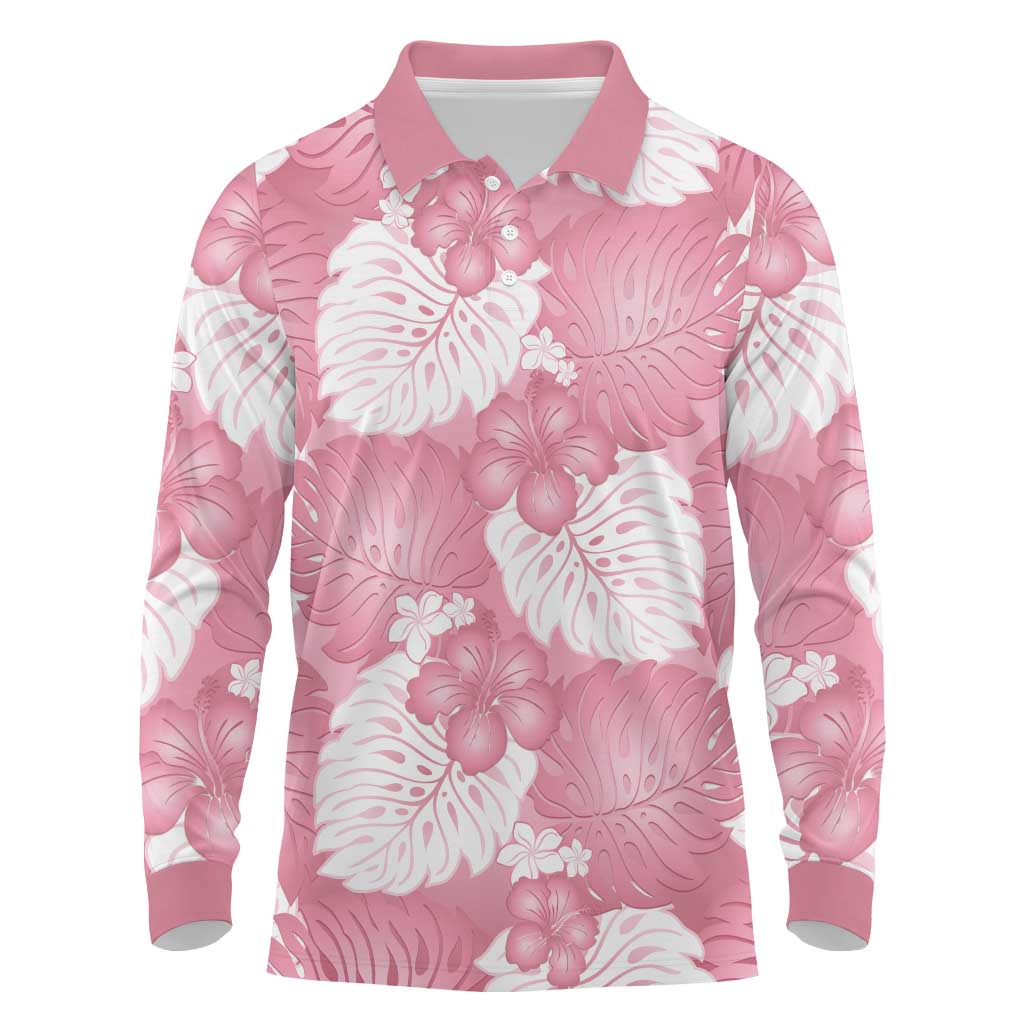 Pink Aloha Hawaii Long Sleeve Polo Shirt Monstera Hibiscus Plumeria Seamless Vibes - Polynesian Pride