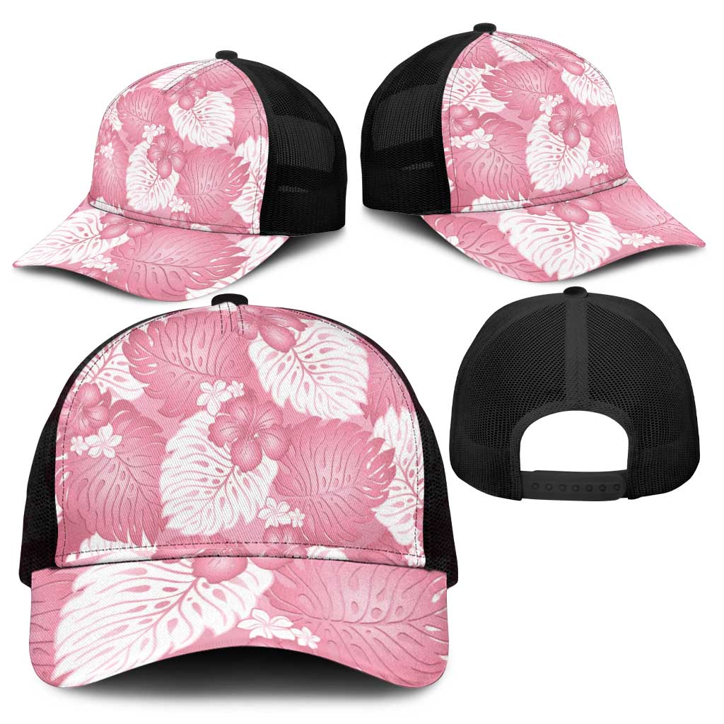 Pink Aloha Hawaii Mesh Trucker Cap Monstera Hibiscus Plumeria Seamless Vibes - Polynesian Pride