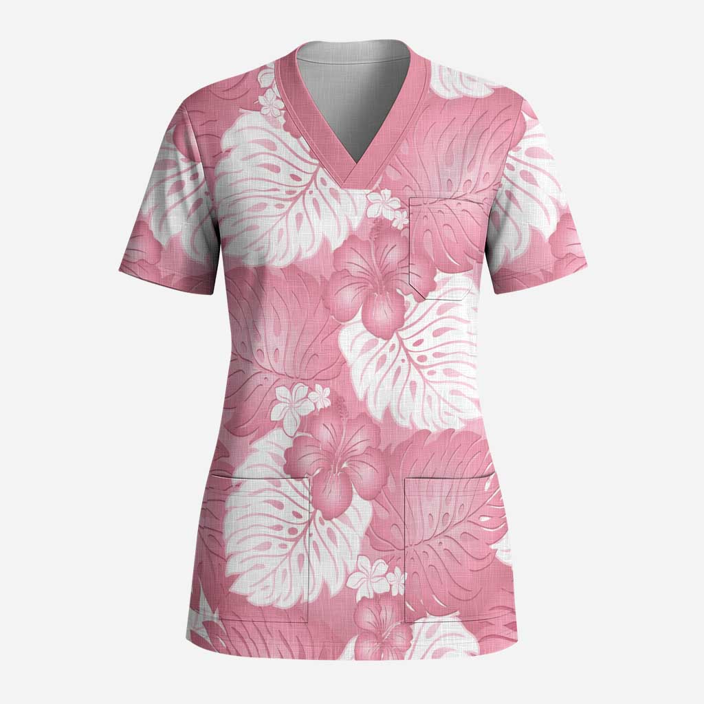 Pink Aloha Hawaii Scrub Top Monstera Hibiscus Plumeria Seamless Vibes - Polynesian Pride