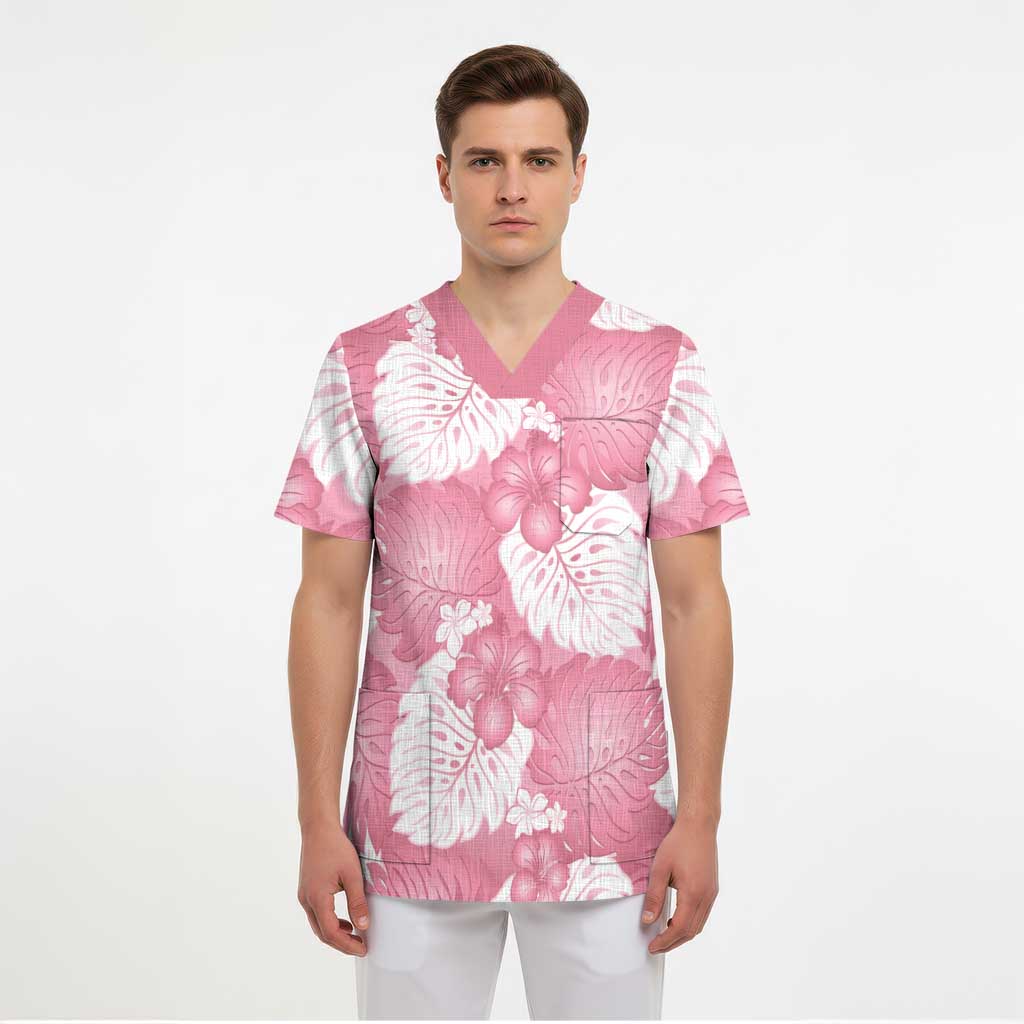 Pink Aloha Hawaii Scrub Top Monstera Hibiscus Plumeria Seamless Vibes - Polynesian Pride