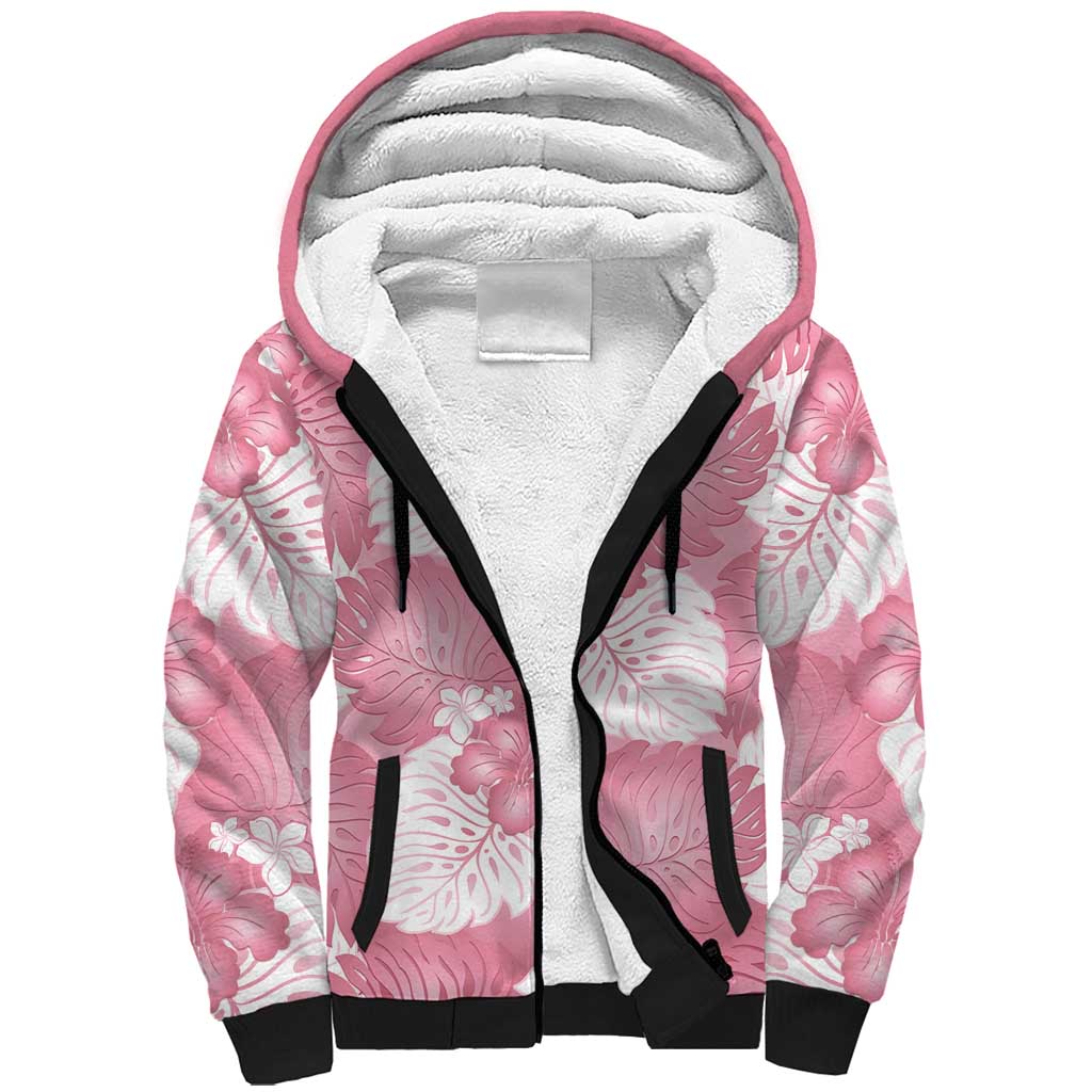 Pink Aloha Hawaii Sherpa Hoodie Monstera Hibiscus Plumeria Seamless Vibes - Polynesian Pride