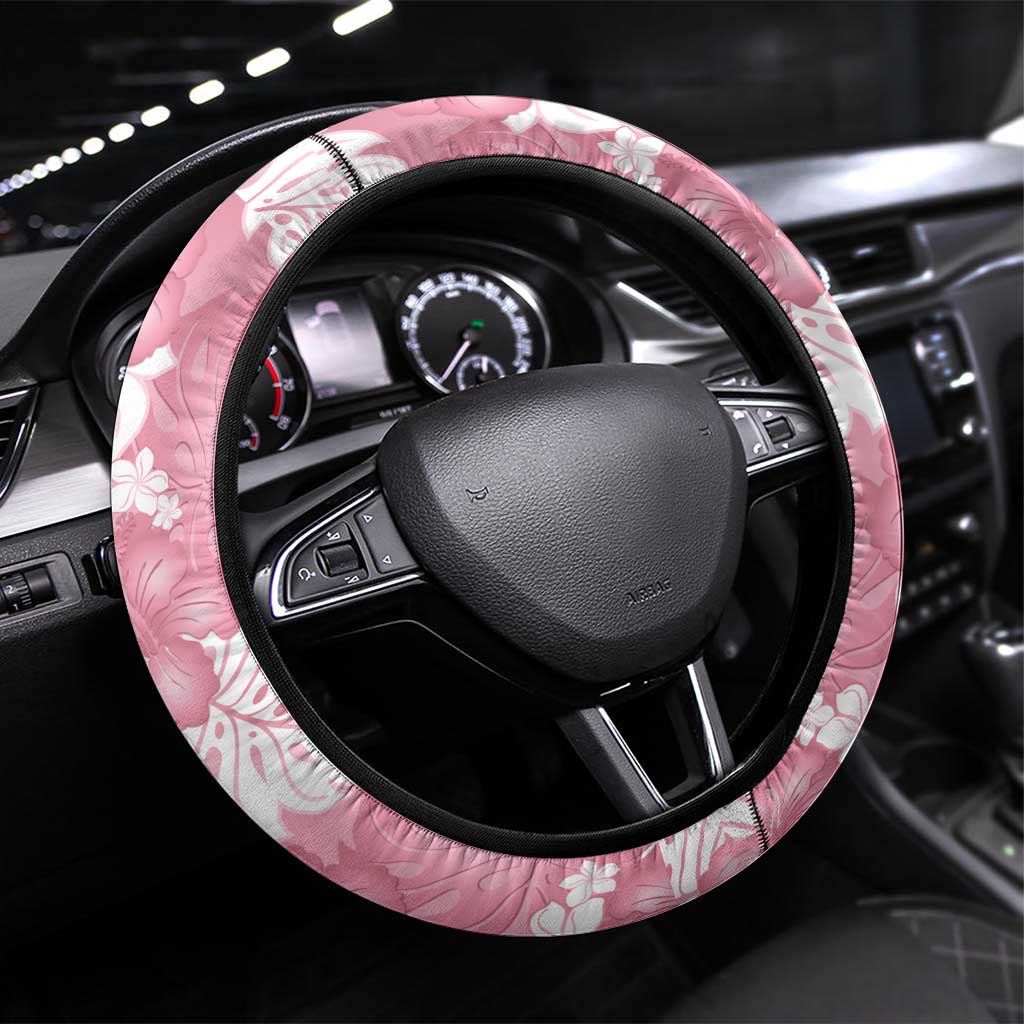 Pink Aloha Hawaii Steering Wheel Cover Monstera Hibiscus Plumeria Seamless Vibes - Polynesian Pride