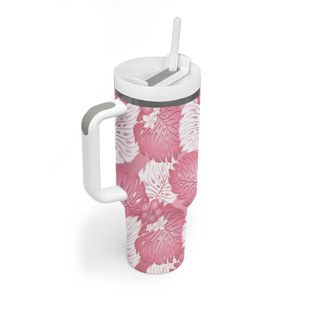 Pink Aloha Hawaii Tumbler With Handle Monstera Hibiscus Plumeria Seamless Vibes - Polynesian Pride