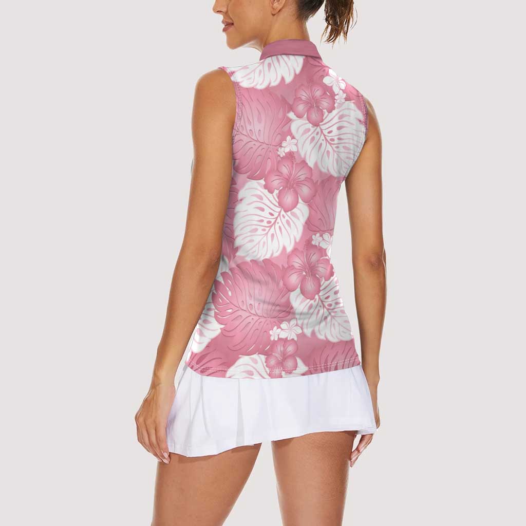 Pink Aloha Hawaii Women Sleeveless Polo Shirt Monstera Hibiscus Plumeria Seamless Vibes - Polynesian Pride