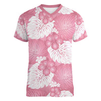 Pink Aloha Hawaii Women V-Neck T-Shirt Monstera Hibiscus Plumeria Seamless Vibes - Polynesian Pride