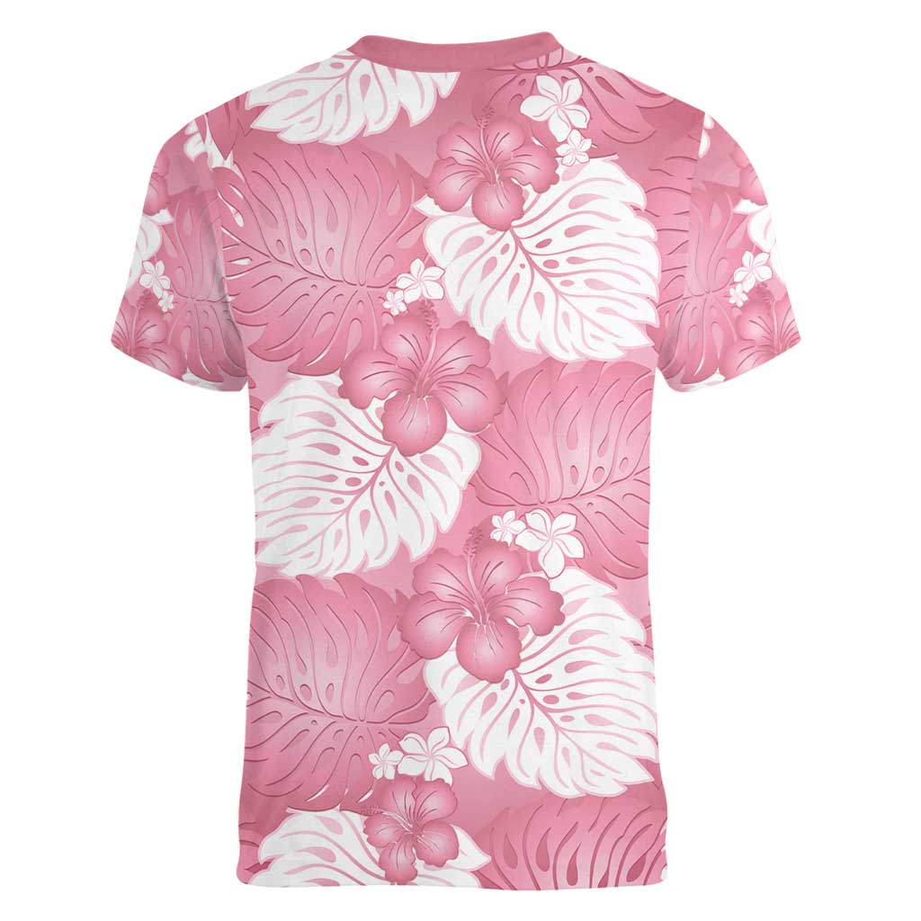 Pink Aloha Hawaii Women V-Neck T-Shirt Monstera Hibiscus Plumeria Seamless Vibes - Polynesian Pride