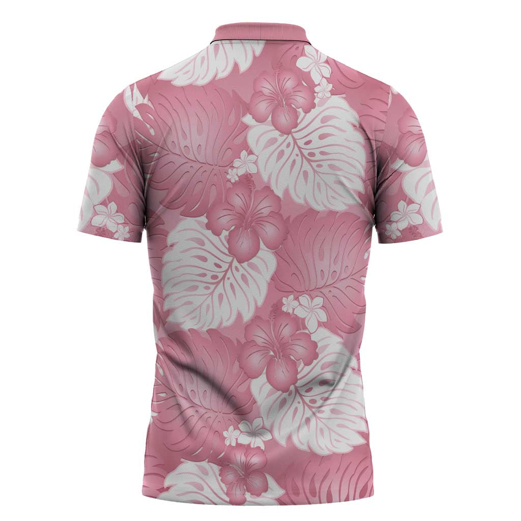Pink Aloha Hawaii Zipper Polo Shirt Monstera Hibiscus Plumeria Seamless Vibes - Polynesian Pride
