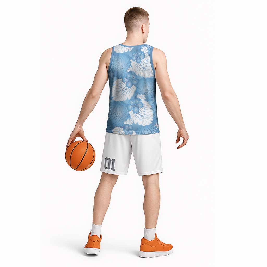 Blue Aloha Hawaii Basketball Jersey Monstera Hibiscus Plumeria Seamless Vibes - Polynesian Pride