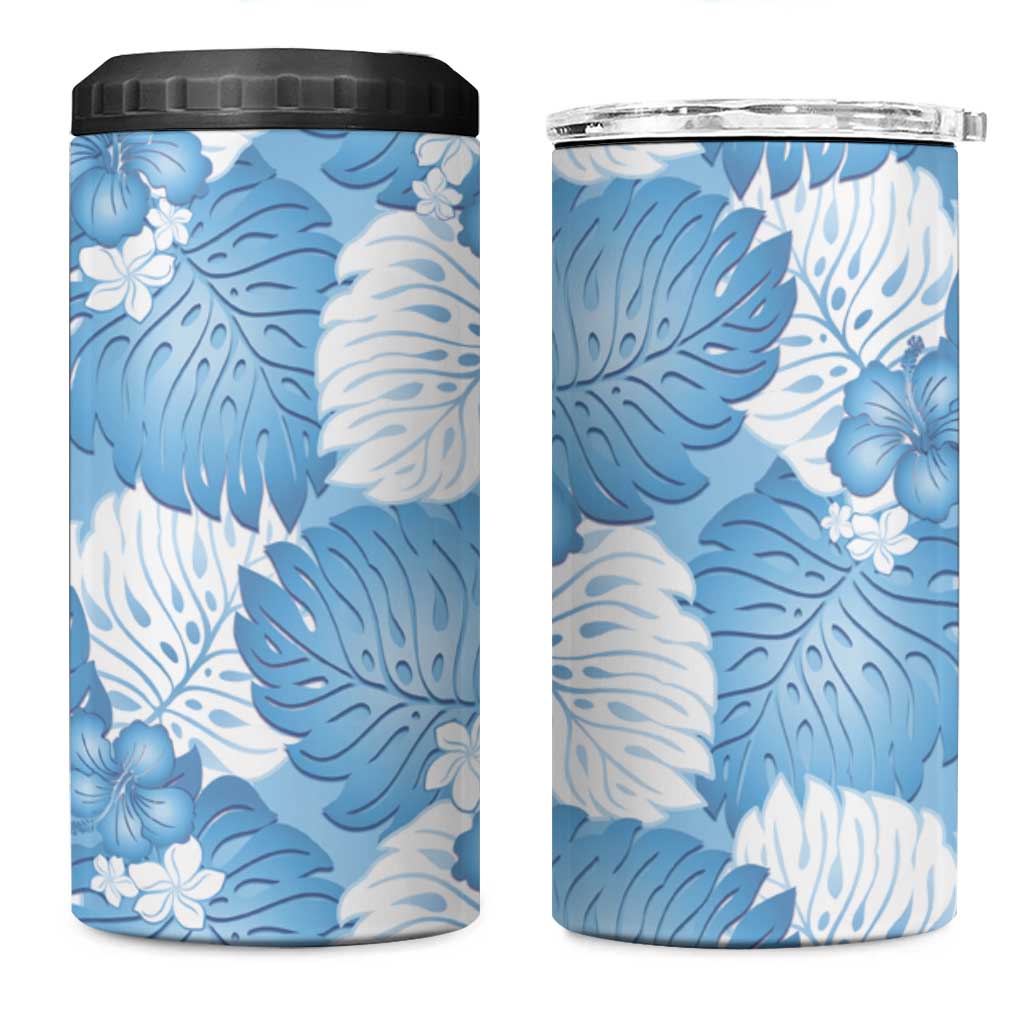 Blue Aloha Hawaii 4 in 1 Can Cooler Tumbler Monstera Hibiscus Plumeria Seamless Vibes - Polynesian Pride