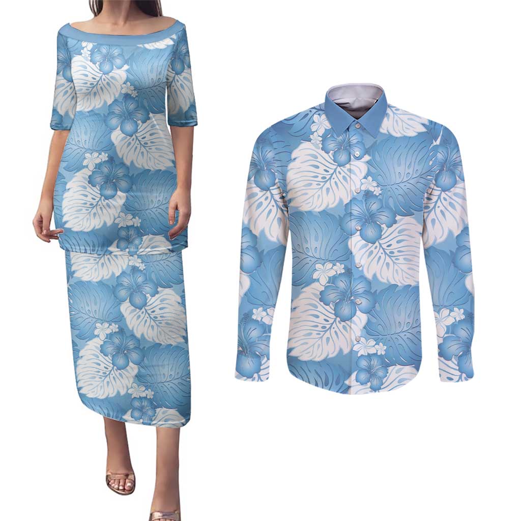 Blue Aloha Hawaii Couples Matching Puletasi and Long Sleeve Button Shirt Monstera Hibiscus Plumeria Seamless Vibes - Polynesian Pride