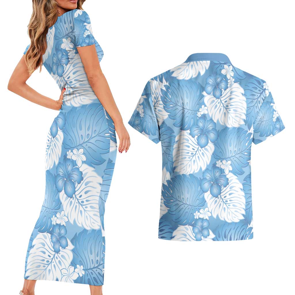 Blue Aloha Hawaii Couples Matching Short Sleeve Bodycon Dress and Hawaiian Shirt Monstera Hibiscus Plumeria Seamless Vibes - Polynesian Pride