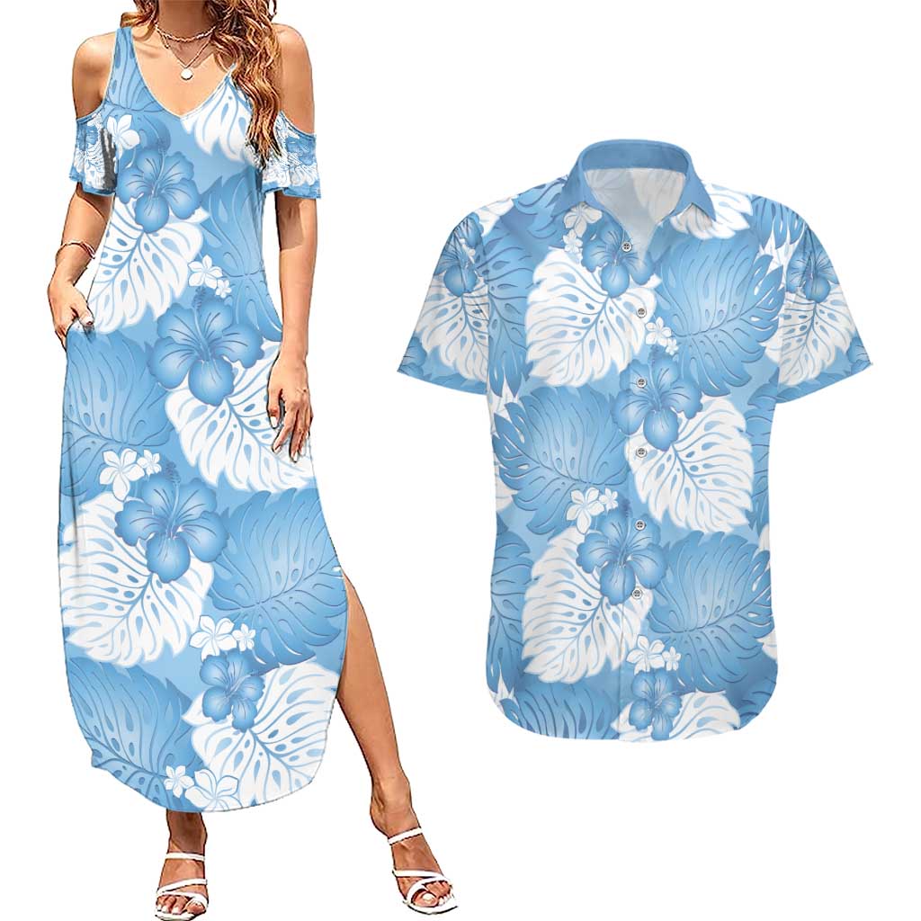 Blue Aloha Hawaii Couples Matching Summer Maxi Dress and Hawaiian Shirt Monstera Hibiscus Plumeria Seamless Vibes - Polynesian Pride