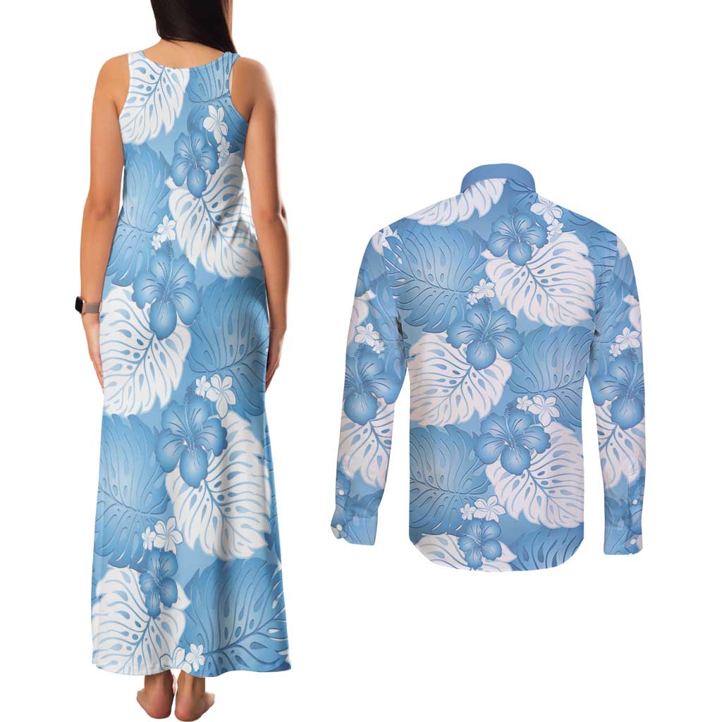 Blue Aloha Hawaii Couples Matching Tank Maxi Dress and Long Sleeve Button Shirt Monstera Hibiscus Plumeria Seamless Vibes - Polynesian Pride