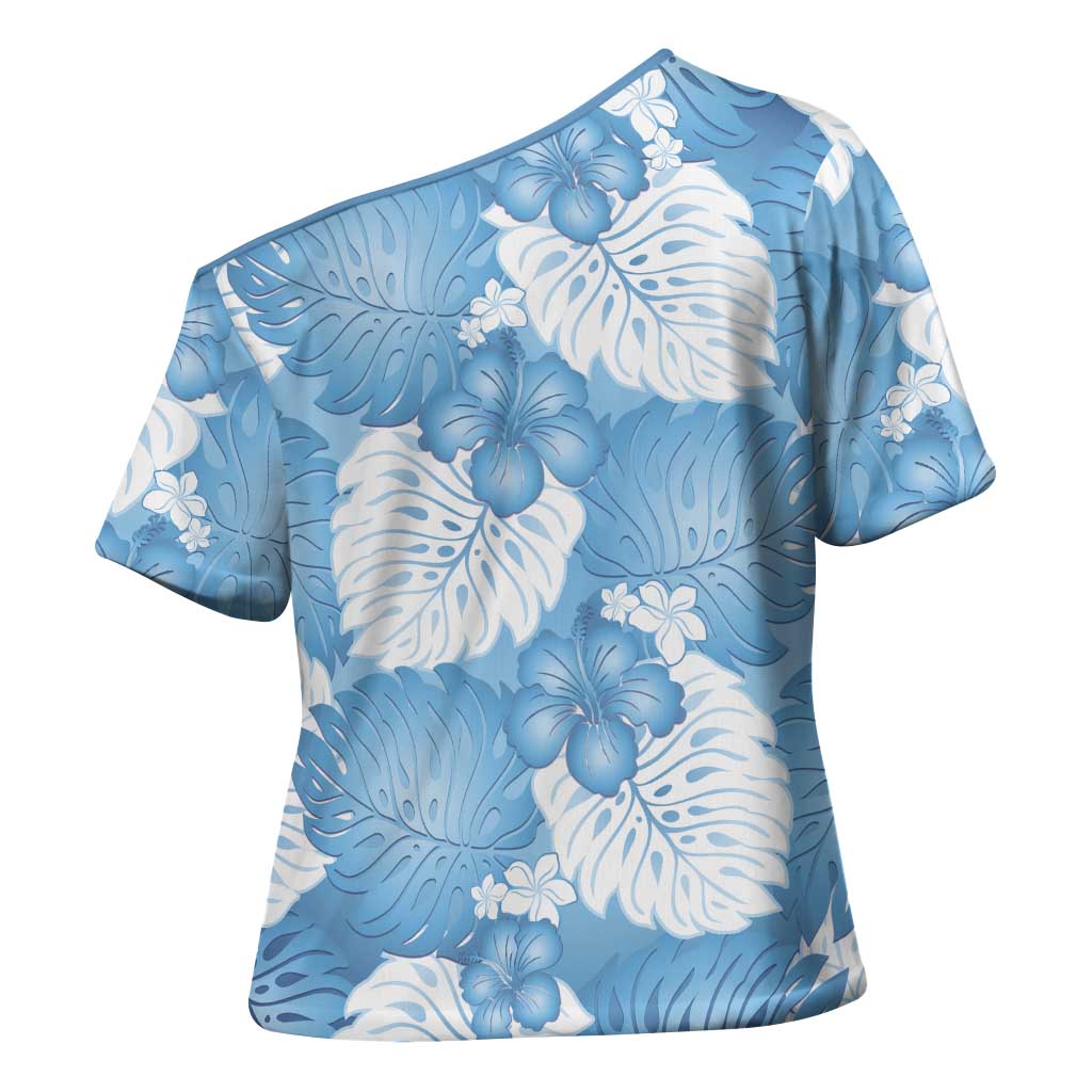 Blue Aloha Hawaii Cross Shoulder Shirt Monstera Hibiscus Plumeria Seamless Vibes - Polynesian Pride