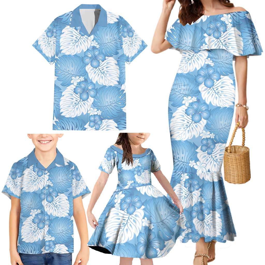 Blue Aloha Hawaii Family Matching Mermaid Dress and Hawaiian Shirt Monstera Hibiscus Plumeria Seamless Vibes - Polynesian Pride