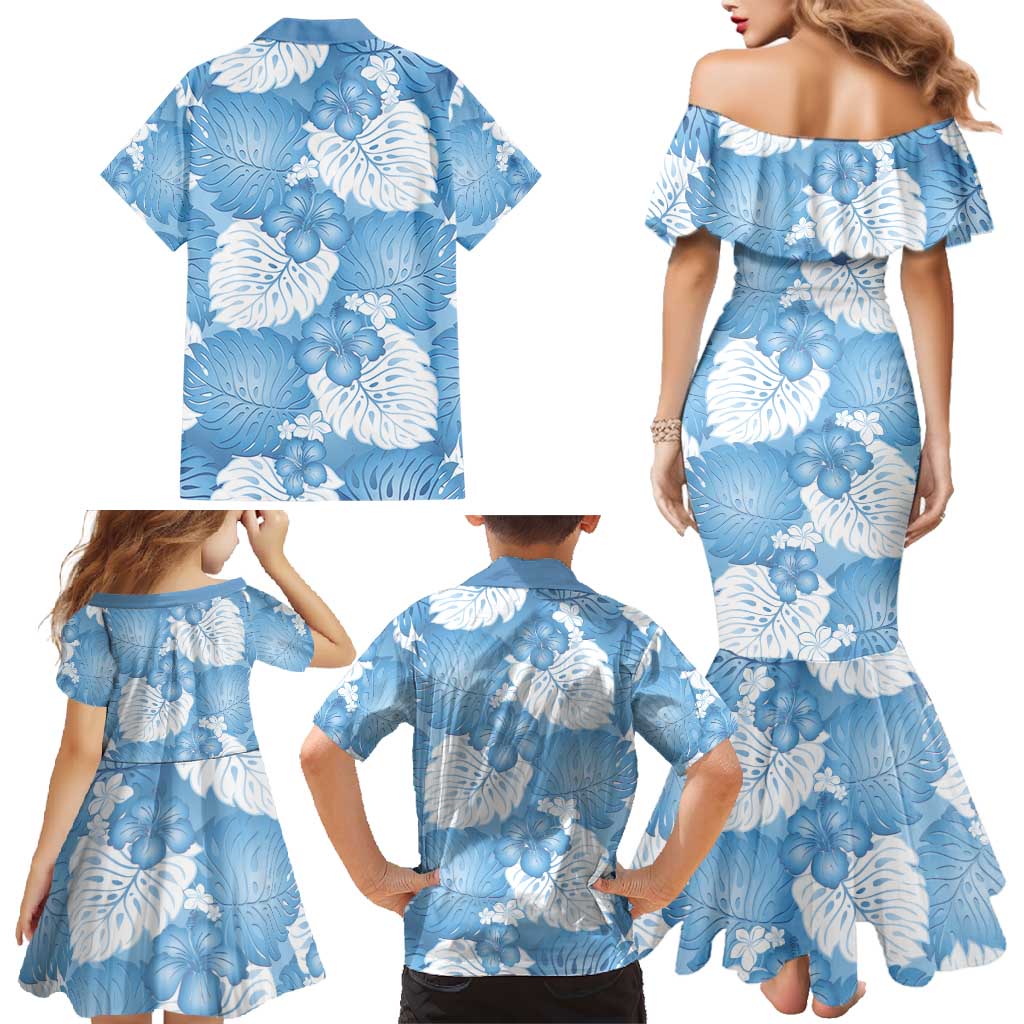 Blue Aloha Hawaii Family Matching Mermaid Dress and Hawaiian Shirt Monstera Hibiscus Plumeria Seamless Vibes - Polynesian Pride