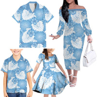 Blue Aloha Hawaii Family Matching Off The Shoulder Long Sleeve Dress and Hawaiian Shirt Monstera Hibiscus Plumeria Seamless Vibes - Polynesian Pride