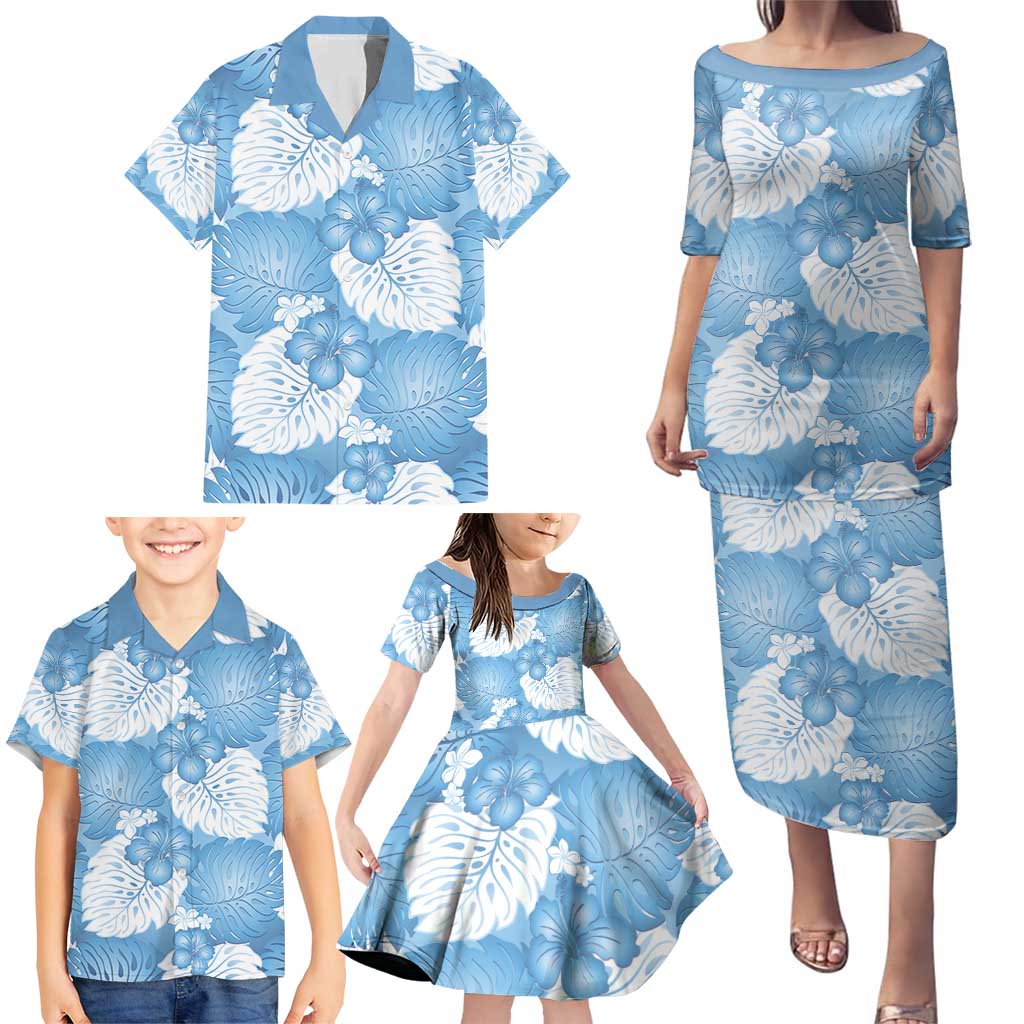 Blue Aloha Hawaii Family Matching Puletasi and Hawaiian Shirt Monstera Hibiscus Plumeria Seamless Vibes - Polynesian Pride