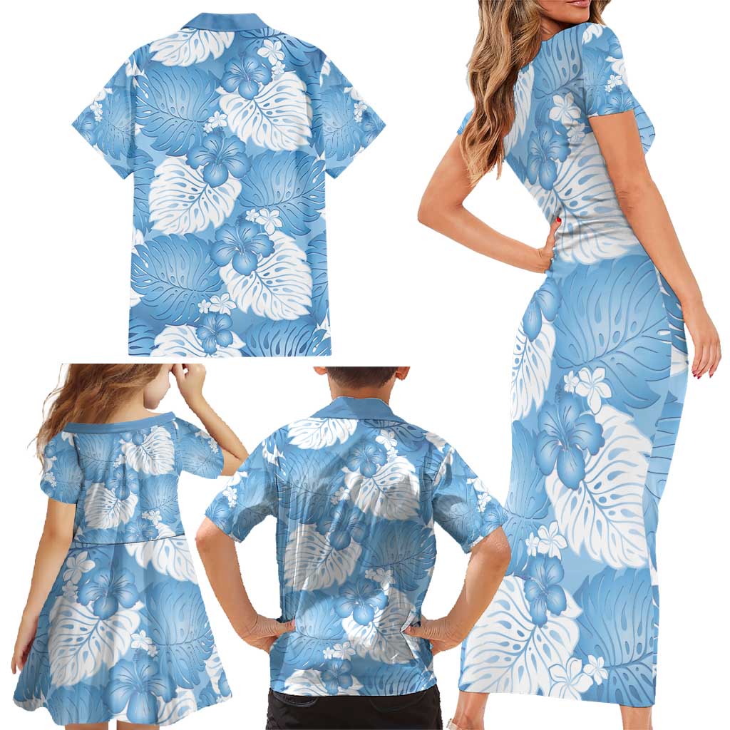 Blue Aloha Hawaii Family Matching Short Sleeve Bodycon Dress and Hawaiian Shirt Monstera Hibiscus Plumeria Seamless Vibes - Polynesian Pride