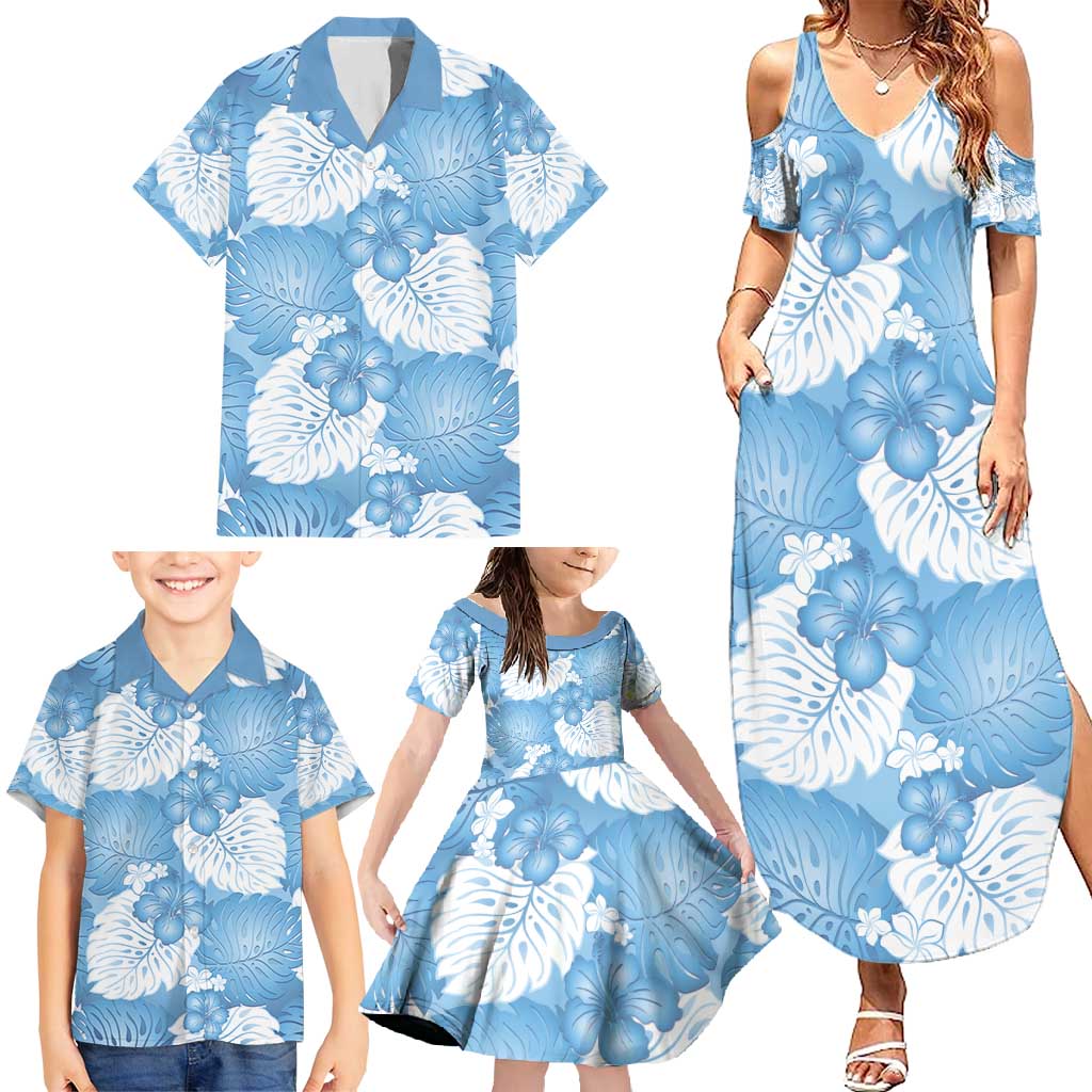 Blue Aloha Hawaii Family Matching Summer Maxi Dress and Hawaiian Shirt Monstera Hibiscus Plumeria Seamless Vibes - Polynesian Pride
