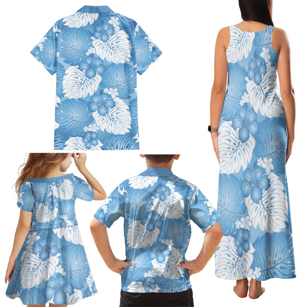 Blue Aloha Hawaii Family Matching Tank Maxi Dress and Hawaiian Shirt Monstera Hibiscus Plumeria Seamless Vibes - Polynesian Pride