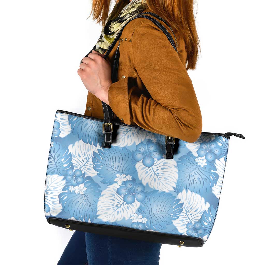 Blue Aloha Hawaii Leather Tote Bag Monstera Hibiscus Plumeria Seamless Vibes - Polynesian Pride