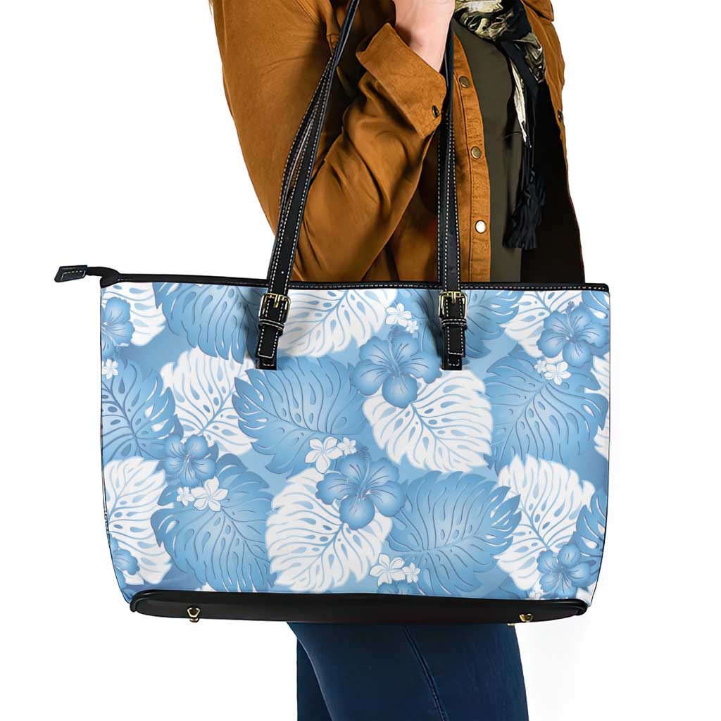 Blue Aloha Hawaii Leather Tote Bag Monstera Hibiscus Plumeria Seamless Vibes - Polynesian Pride