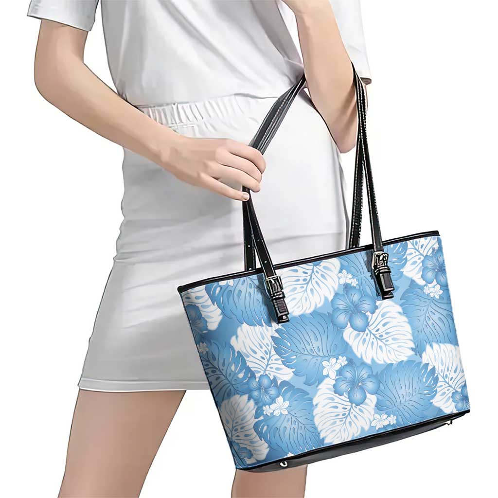 Blue Aloha Hawaii Leather Tote Bag Monstera Hibiscus Plumeria Seamless Vibes - Polynesian Pride