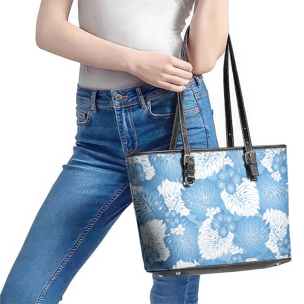 Blue Aloha Hawaii Leather Tote Bag Monstera Hibiscus Plumeria Seamless Vibes - Polynesian Pride