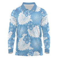 Blue Aloha Hawaii Long Sleeve Polo Shirt Monstera Hibiscus Plumeria Seamless Vibes - Polynesian Pride