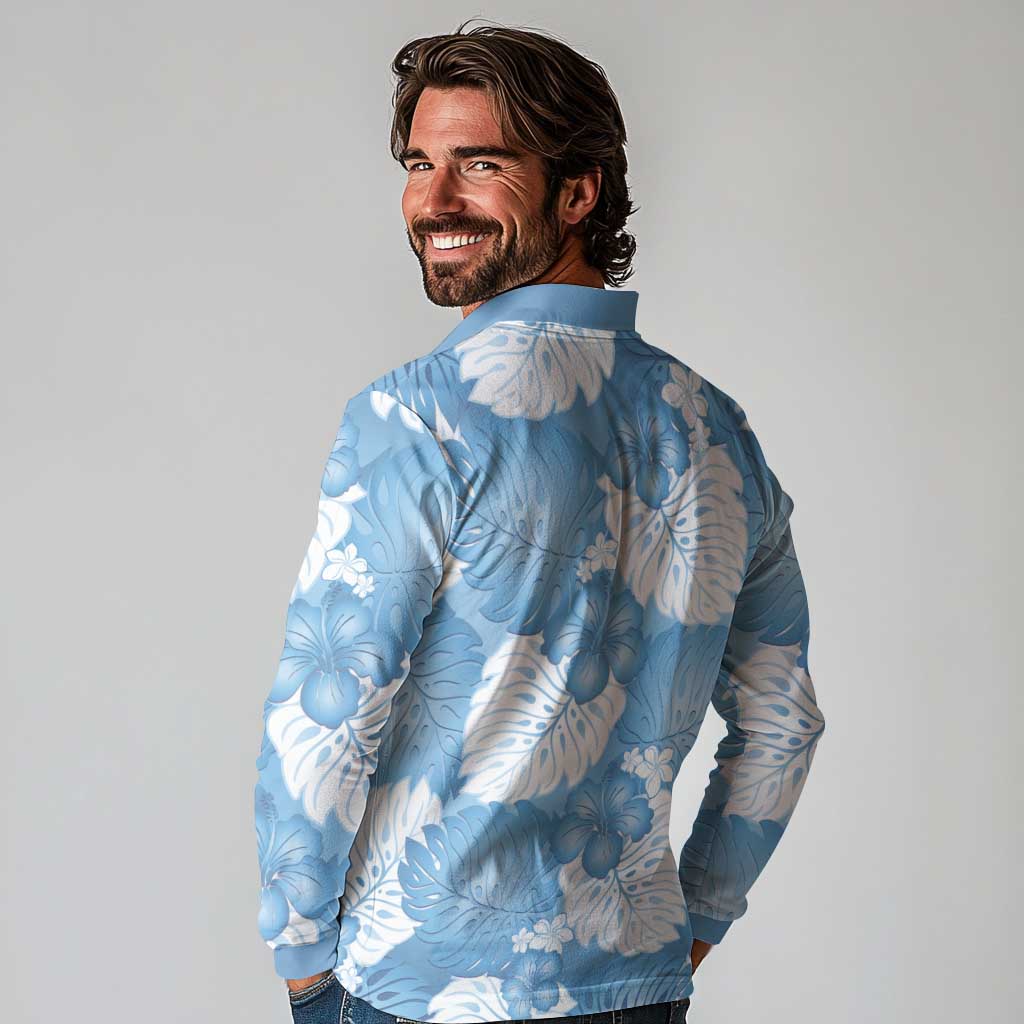 Blue Aloha Hawaii Long Sleeve Polo Shirt Monstera Hibiscus Plumeria Seamless Vibes - Polynesian Pride
