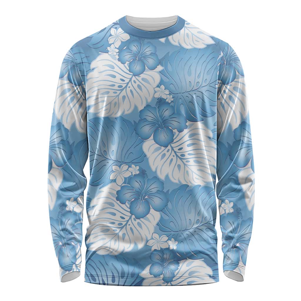 Blue Aloha Hawaii Long Sleeve Shirt Monstera Hibiscus Plumeria Seamless Vibes - Polynesian Pride