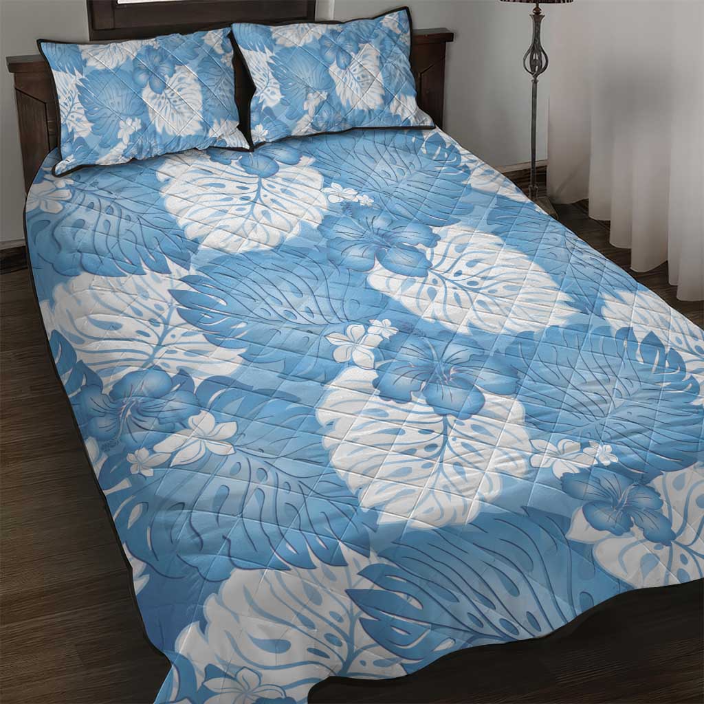 Blue Aloha Hawaii Quilt Bed Set Monstera Hibiscus Plumeria Seamless Vibes - Polynesian Pride