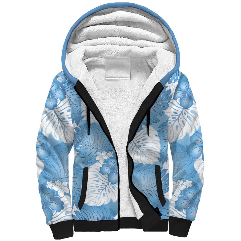 Blue Aloha Hawaii Sherpa Hoodie Monstera Hibiscus Plumeria Seamless Vibes - Polynesian Pride