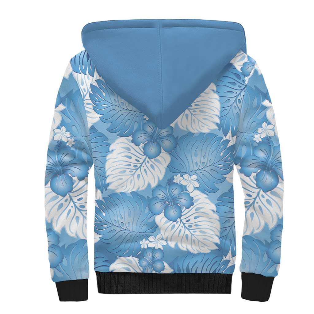 Blue Aloha Hawaii Sherpa Hoodie Monstera Hibiscus Plumeria Seamless Vibes - Polynesian Pride