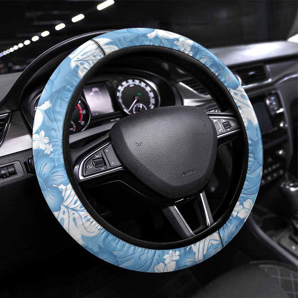 Blue Aloha Hawaii Steering Wheel Cover Monstera Hibiscus Plumeria Seamless Vibes - Polynesian Pride