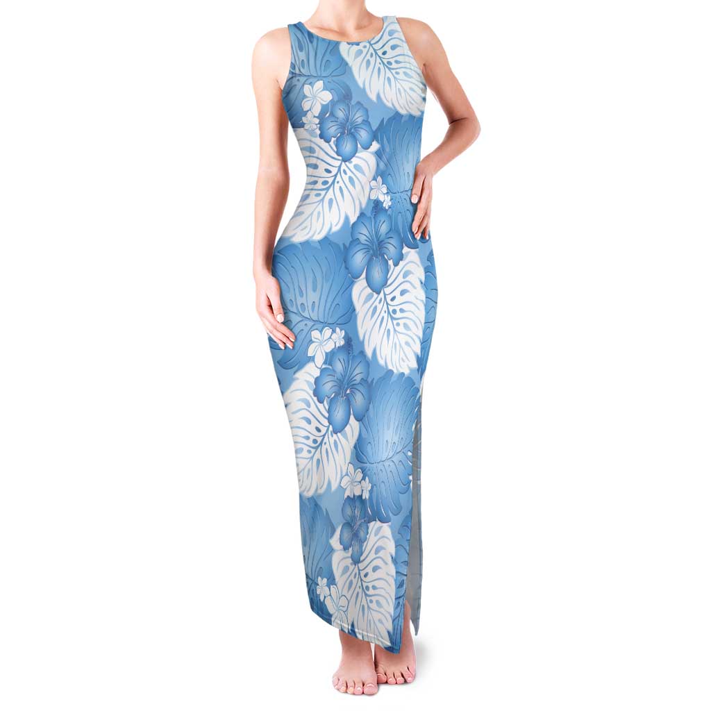 Blue Aloha Hawaii Tank Maxi Dress Monstera Hibiscus Plumeria Seamless Vibes - Polynesian Pride