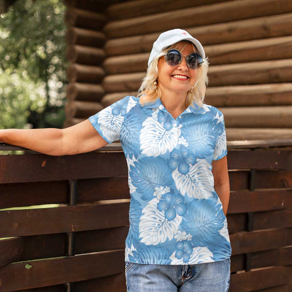 Blue Aloha Hawaii Women Polo Shirt Monstera Hibiscus Plumeria Seamless Vibes - Polynesian Pride