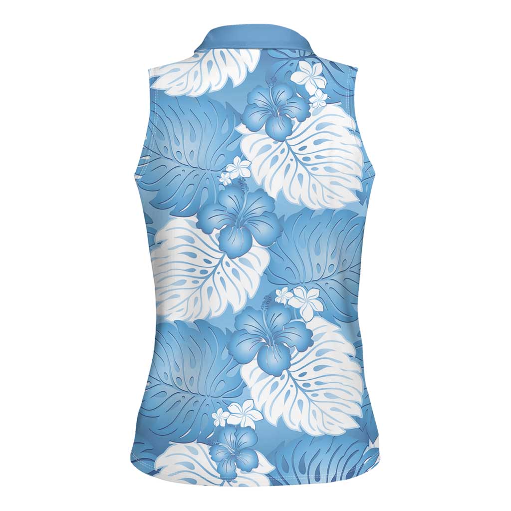 Blue Aloha Hawaii Women Sleeveless Polo Shirt Monstera Hibiscus Plumeria Seamless Vibes - Polynesian Pride