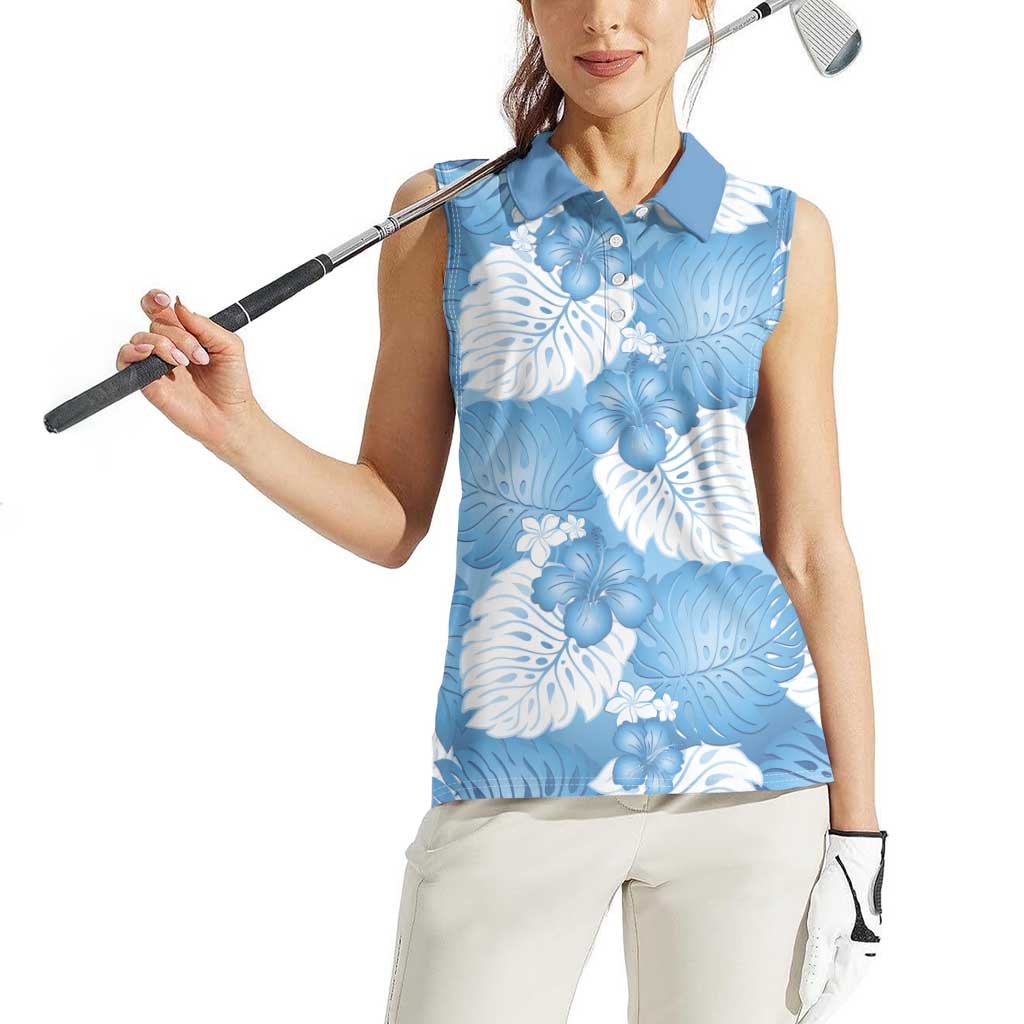 Blue Aloha Hawaii Women Sleeveless Polo Shirt Monstera Hibiscus Plumeria Seamless Vibes - Polynesian Pride