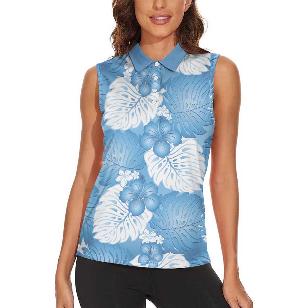 Blue Aloha Hawaii Women Sleeveless Polo Shirt Monstera Hibiscus Plumeria Seamless Vibes - Polynesian Pride