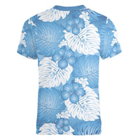 Blue Aloha Hawaii Women V-Neck T-Shirt Monstera Hibiscus Plumeria Seamless Vibes - Polynesian Pride
