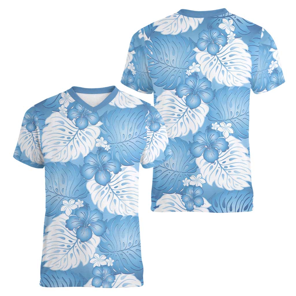 Blue Aloha Hawaii Women V-Neck T-Shirt Monstera Hibiscus Plumeria Seamless Vibes - Polynesian Pride