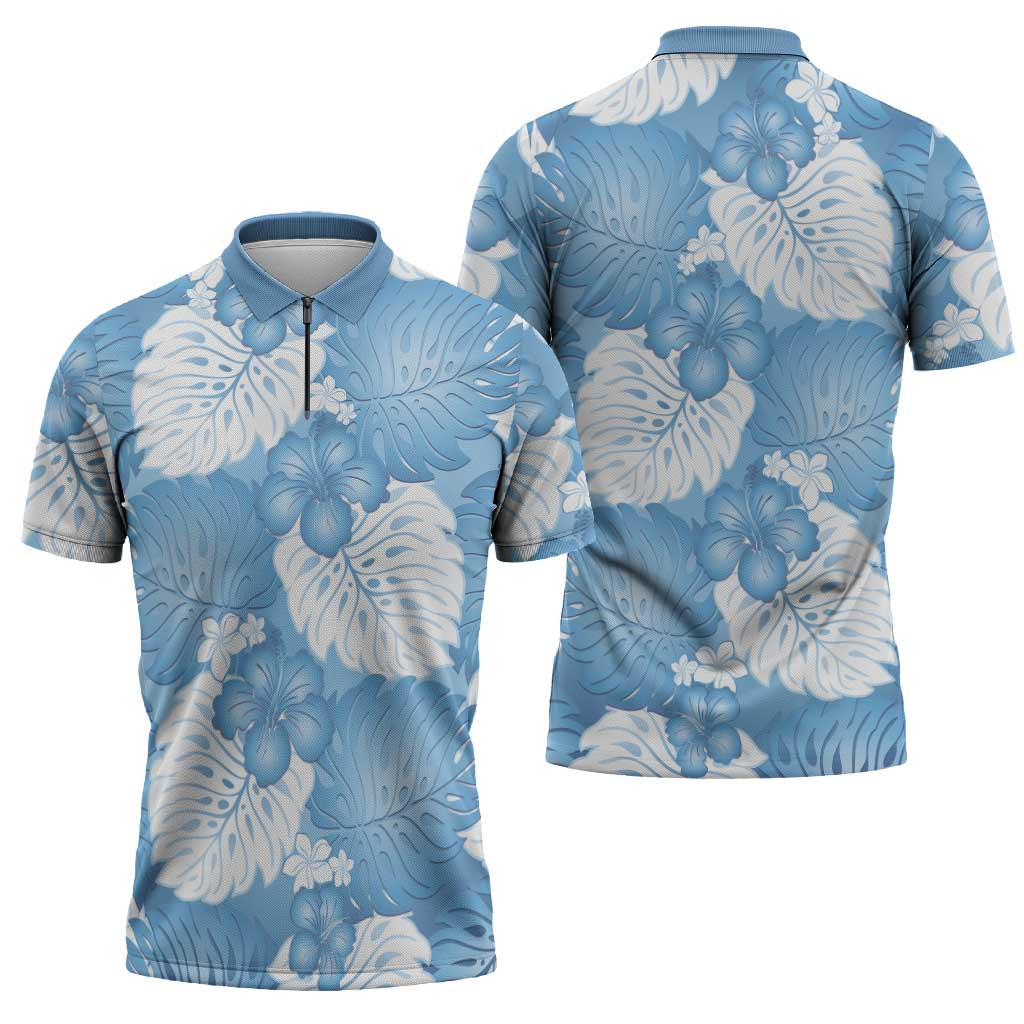 Blue Aloha Hawaii Zipper Polo Shirt Monstera Hibiscus Plumeria Seamless Vibes - Polynesian Pride
