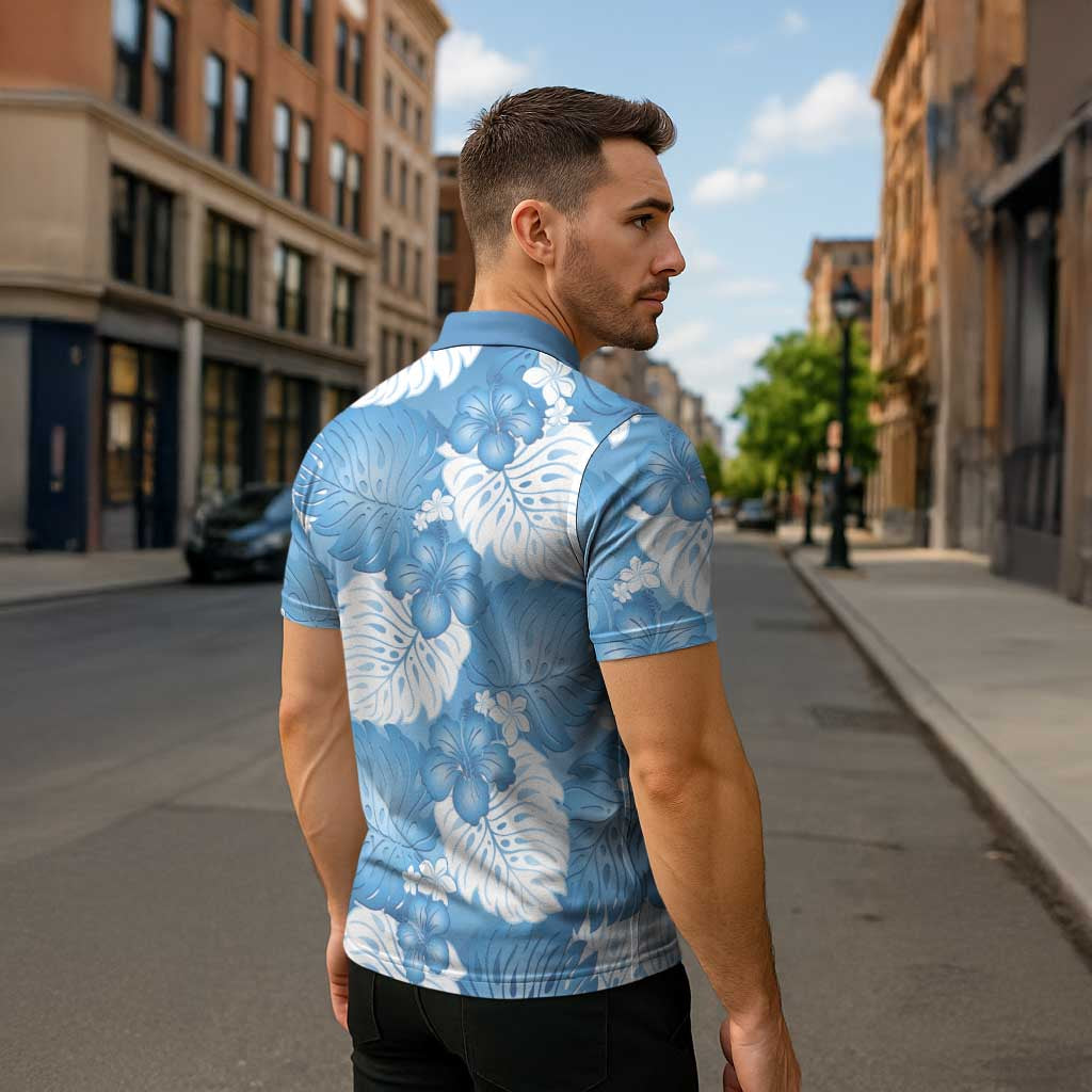 Blue Aloha Hawaii Zipper Polo Shirt Monstera Hibiscus Plumeria Seamless Vibes - Polynesian Pride