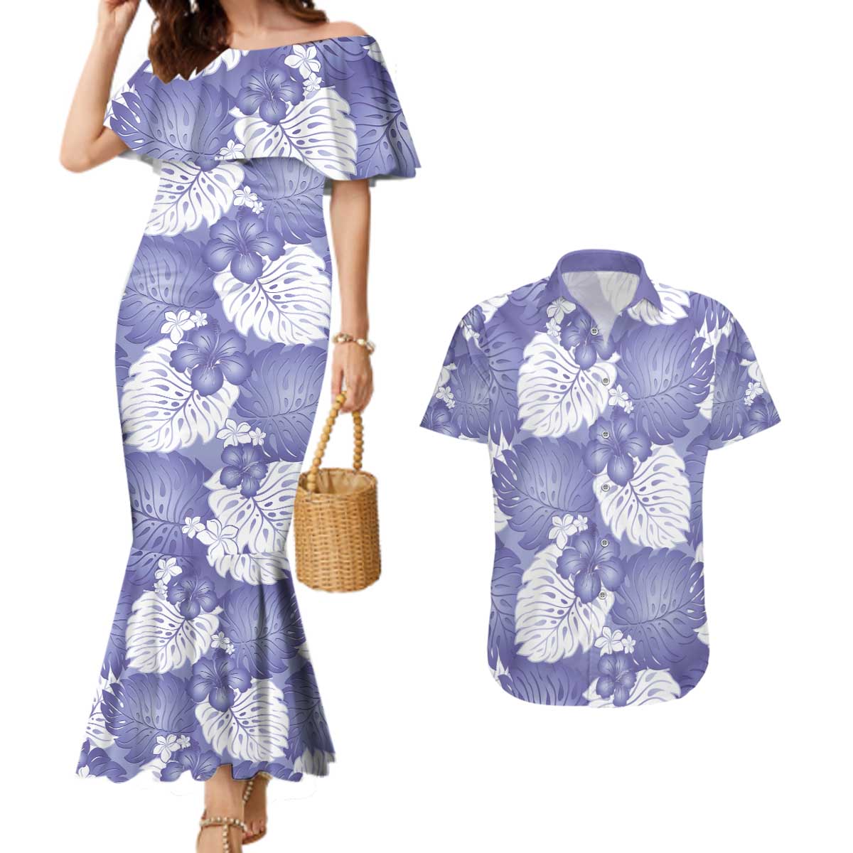 Purple Aloha Hawaii Couples Matching Mermaid Dress and Hawaiian Shirt Monstera Hibiscus Plumeria Seamless Vibes - Polynesian Pride