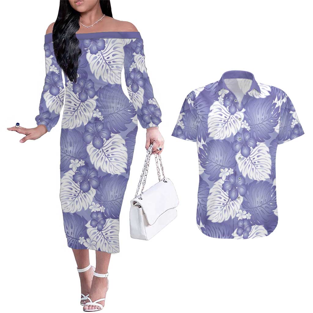 Purple Aloha Hawaii Couples Matching Off The Shoulder Long Sleeve Dress and Hawaiian Shirt Monstera Hibiscus Plumeria Seamless Vibes - Polynesian Pride