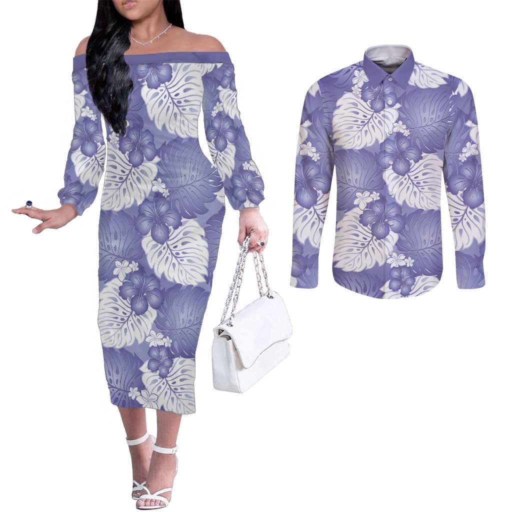 Purple Aloha Hawaii Couples Matching Off The Shoulder Long Sleeve Dress and Long Sleeve Button Shirt Monstera Hibiscus Plumeria Seamless Vibes - Polynesian Pride